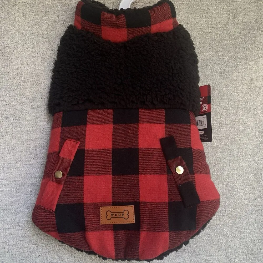 Woof Dog Jacket Sherpa Flannel Red Black Buffalo Plaid Checkered Holiday Photos